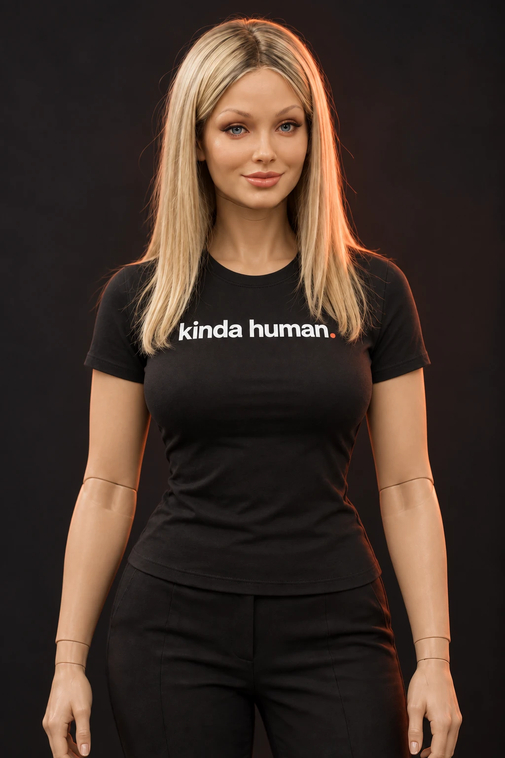 AI concept of a smiling blonde female humanoid with synthetic silicone skin, wearing a black Kinda Human T-shirt
